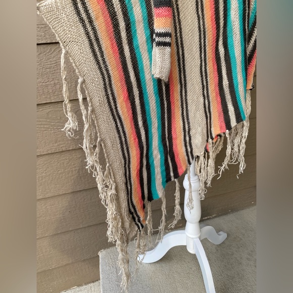 Striped Boho Hooded Cardigan Sweater Fringe - Picture 4 of 5
